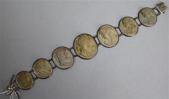A 19th century lava cameo bracelet in white metal setting